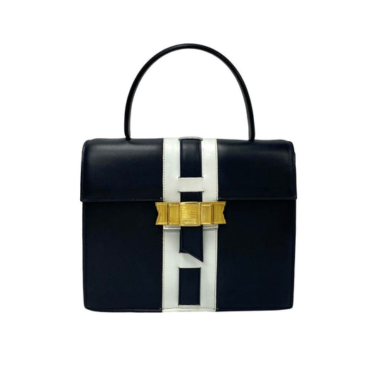 CELINE Handbag leather Navy logo ribbon Metal Women Used Authentic