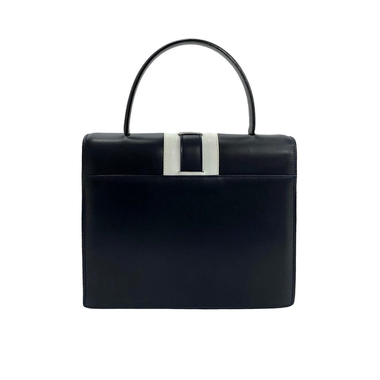 CELINE Handbag leather Navy logo ribbon Metal Women Used Authentic