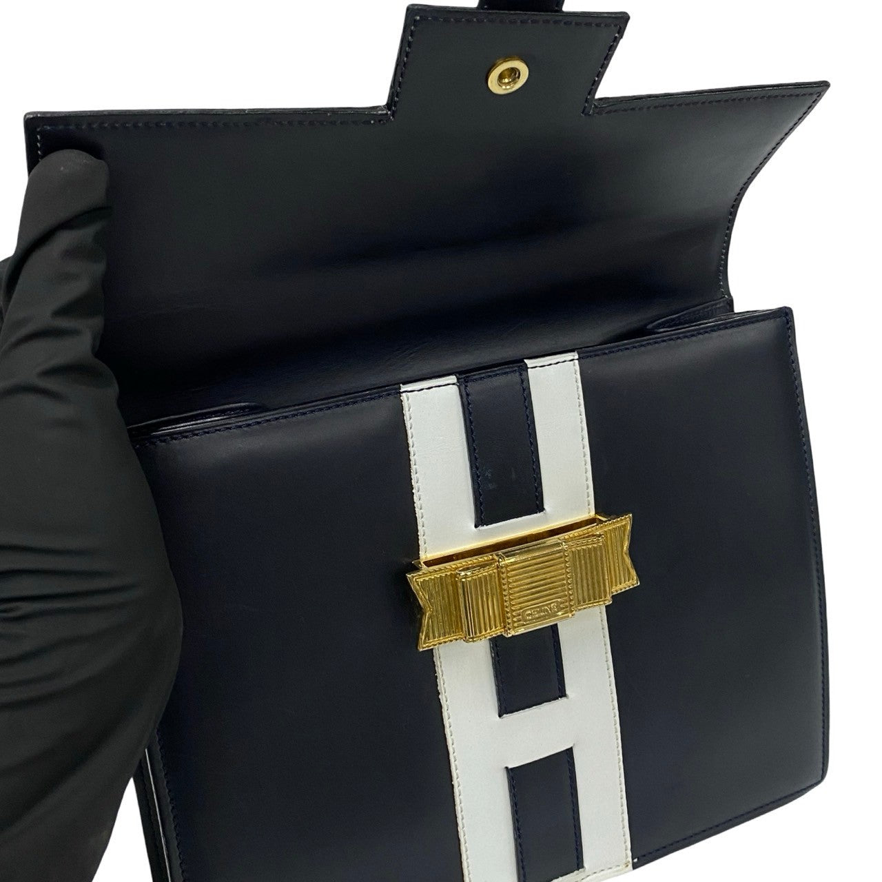 CELINE Handbag leather Navy logo ribbon Metal Women Used Authentic