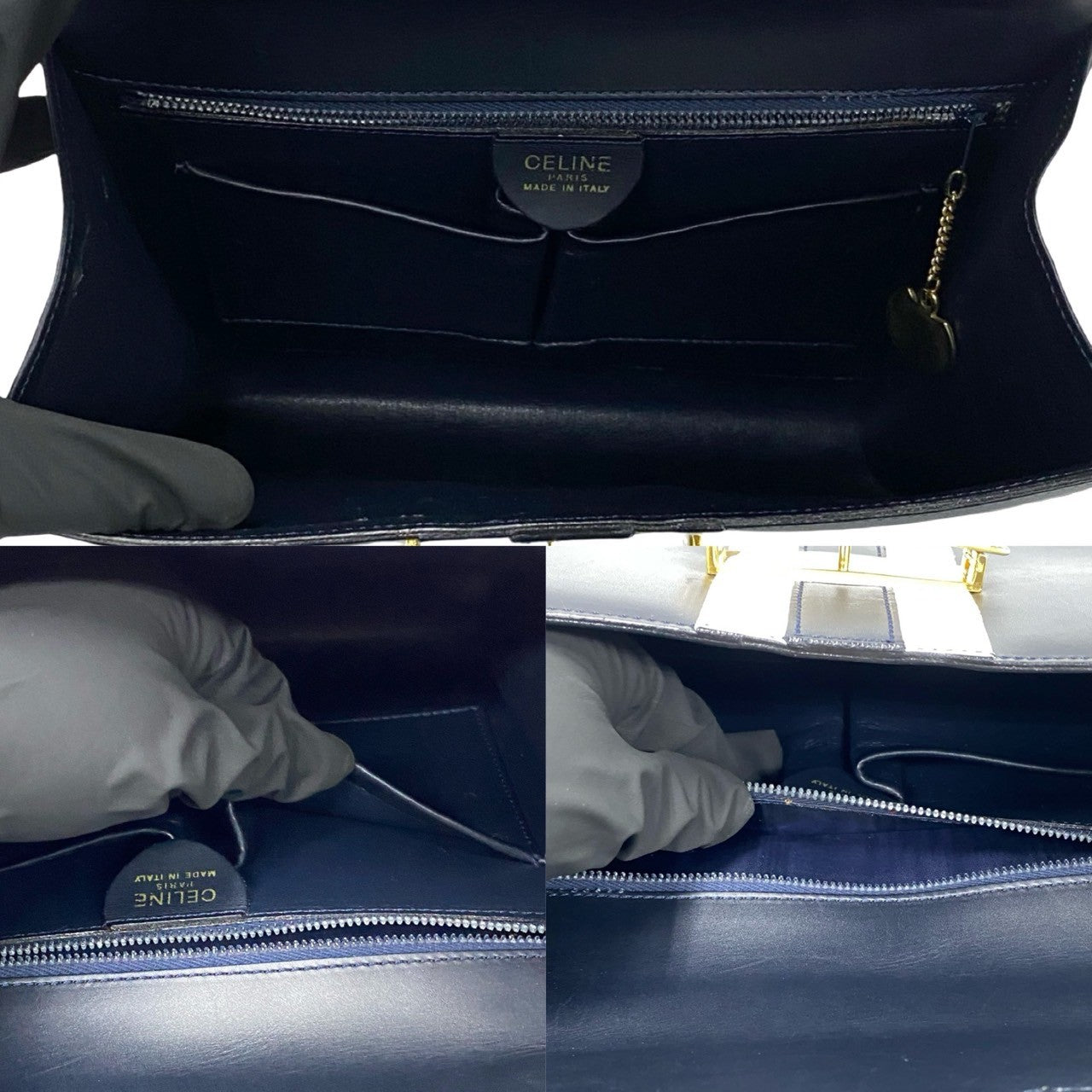 CELINE Handbag leather Navy logo ribbon Metal Women Used Authentic
