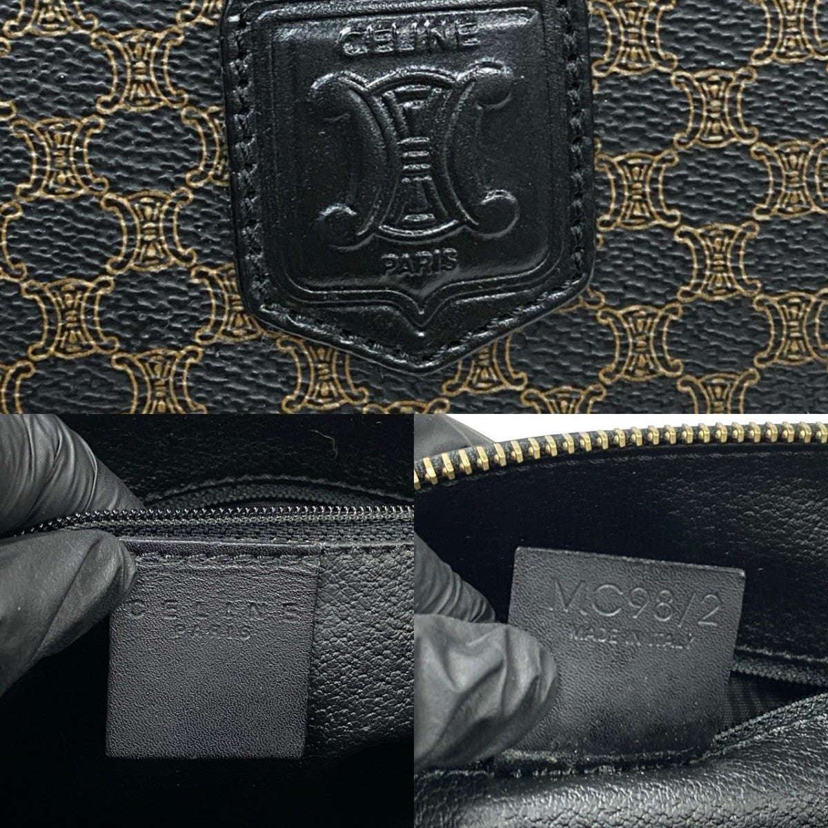 CELINE Handbag Leather, PVC black Macadam Blason Triomphe Pattern Women Used Authentic