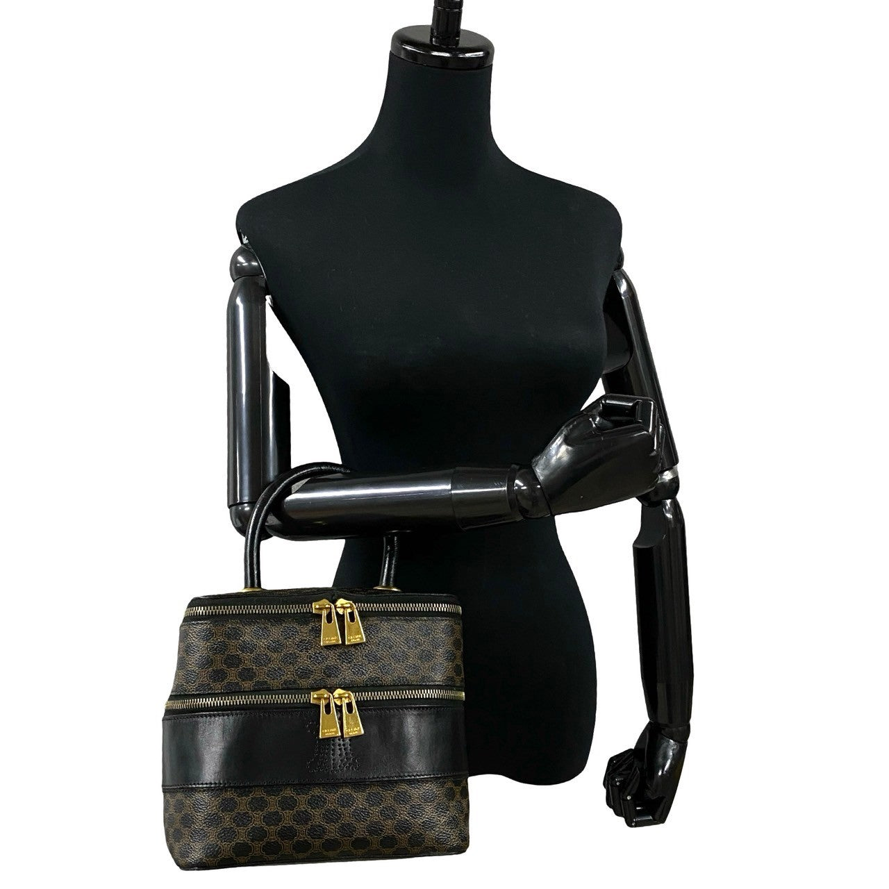 CELINE Handbag Leather, PVC black Macadam Blason Triomphe Pattern Women Used Authentic