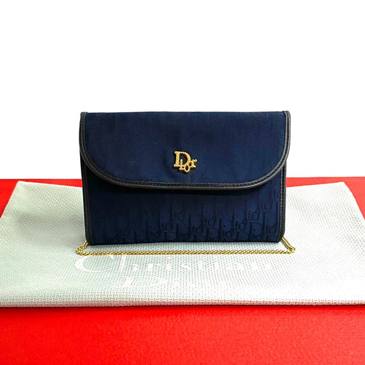 Dior Shoulder Bag Canvas, Leather Navy Trotter Pattern Women Used Authentic