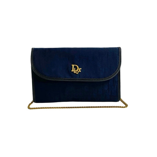 Dior Shoulder Bag Canvas, Leather Navy Trotter Pattern Women Used Authentic