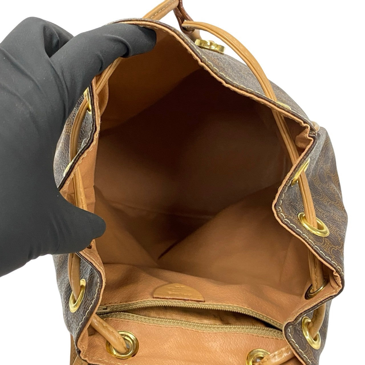 CELINE Backpack Leather, PVC Brown Macadam Blason Triomphe Pattern logo ring Metal Women Used Authentic