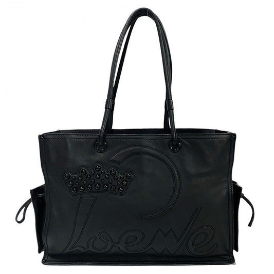 LOEWE Tote Bag leather black logo Shopper tote Women Used Authentic