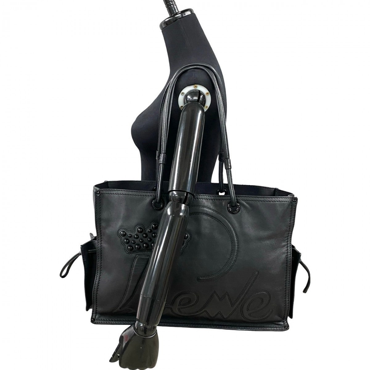 LOEWE Tote Bag leather black logo Shopper tote Women Used Authentic