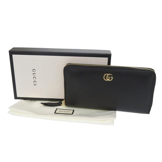 GUCCI Long Wallet Purse 456117 leather black Zip Around GG Marmont Women Used Authentic