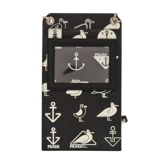 PRADA Shoulder Bag 2ZH068 Safiano leather black Smartphone Shoulder Marine Pattern Seagull iPhone case Smartphone case Women Used Authentic