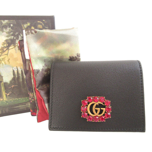 GUCCI Bifold Wallet 499783 leather black Compact Wallet with Rhinestones GG Marmont unisex(Unisex) Used Authentic