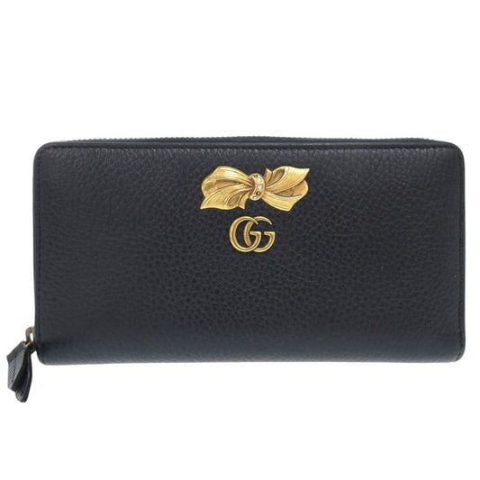 GUCCI Long Wallet Purse 524291 leather black Zip Around GG Marmont Ribbon Women Used Authentic