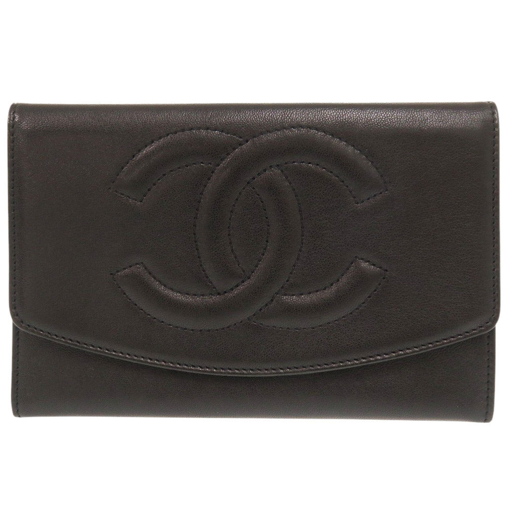 CHANEL Bifold Wallet lambskin black COCO Mark Women Used Authentic