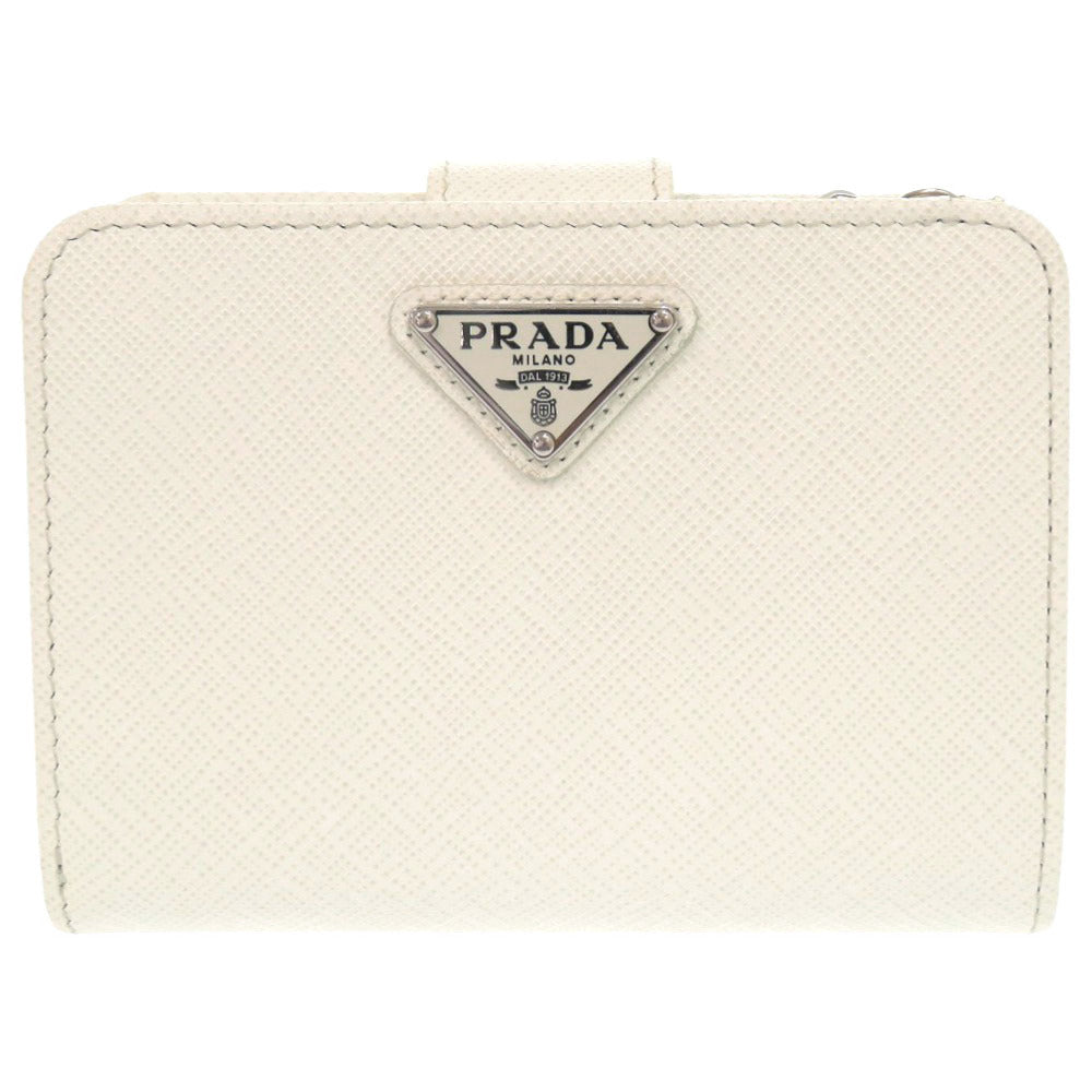 PRADA Bifold Wallet leather white saffiano triangle Women Used Authentic