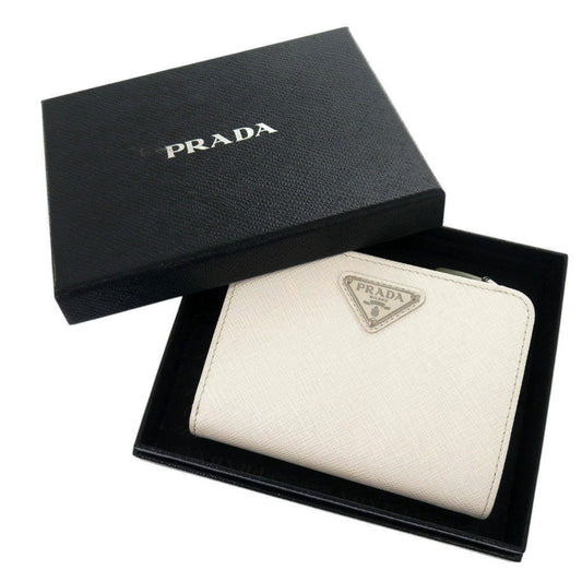 PRADA Bifold Wallet leather white saffiano triangle Women Used Authentic