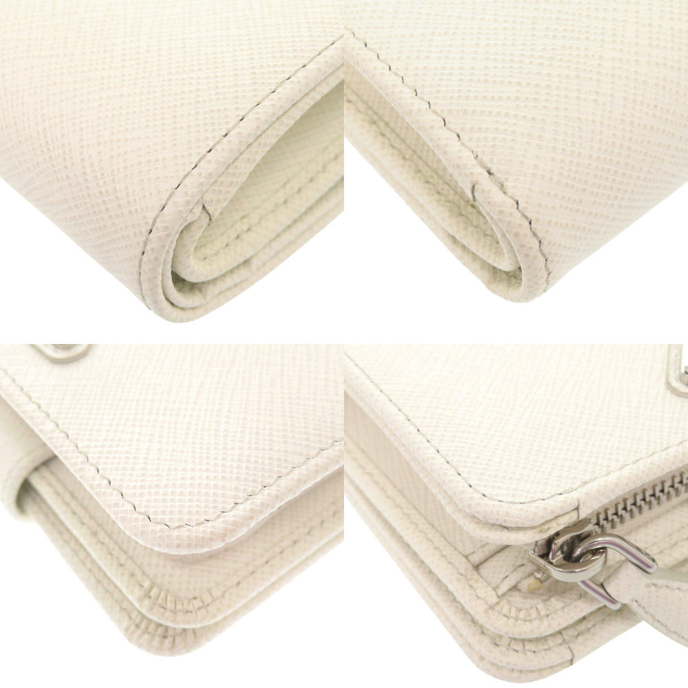 PRADA Bifold Wallet leather white saffiano triangle Women Used Authentic
