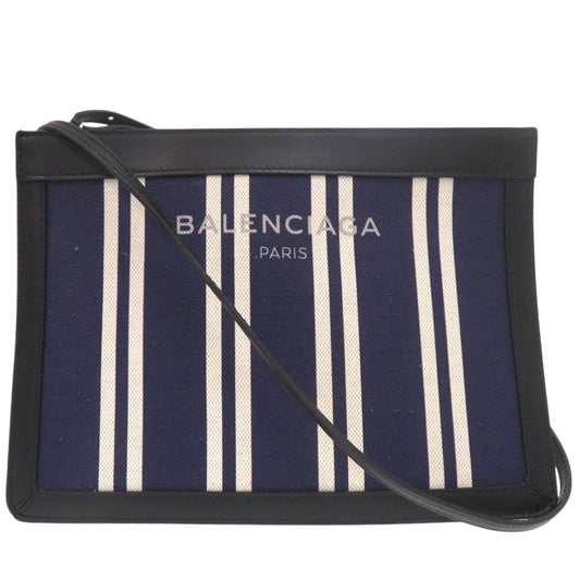 BALENCIAGA Shoulder Bag 339937 canvas Navy Pochette Stripe Women Used Authentic