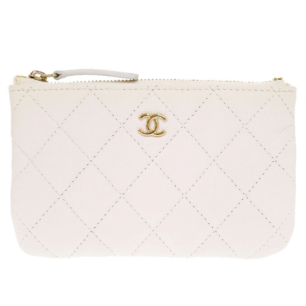 CHANEL Pouch Caviar skin white Matrasse COCO Mark Women Used Authentic