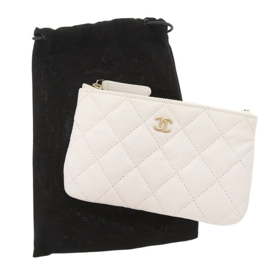 CHANEL Pouch Caviar skin white Matrasse COCO Mark Women Used Authentic
