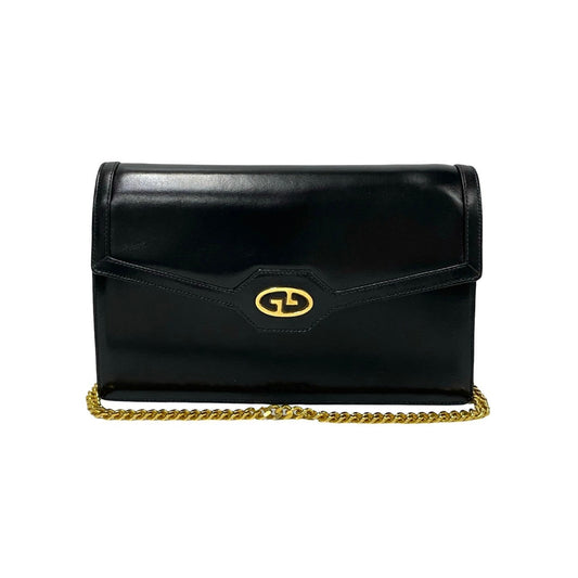 GUCCI Shoulder Bag leather black logo Metal Women Used Authentic