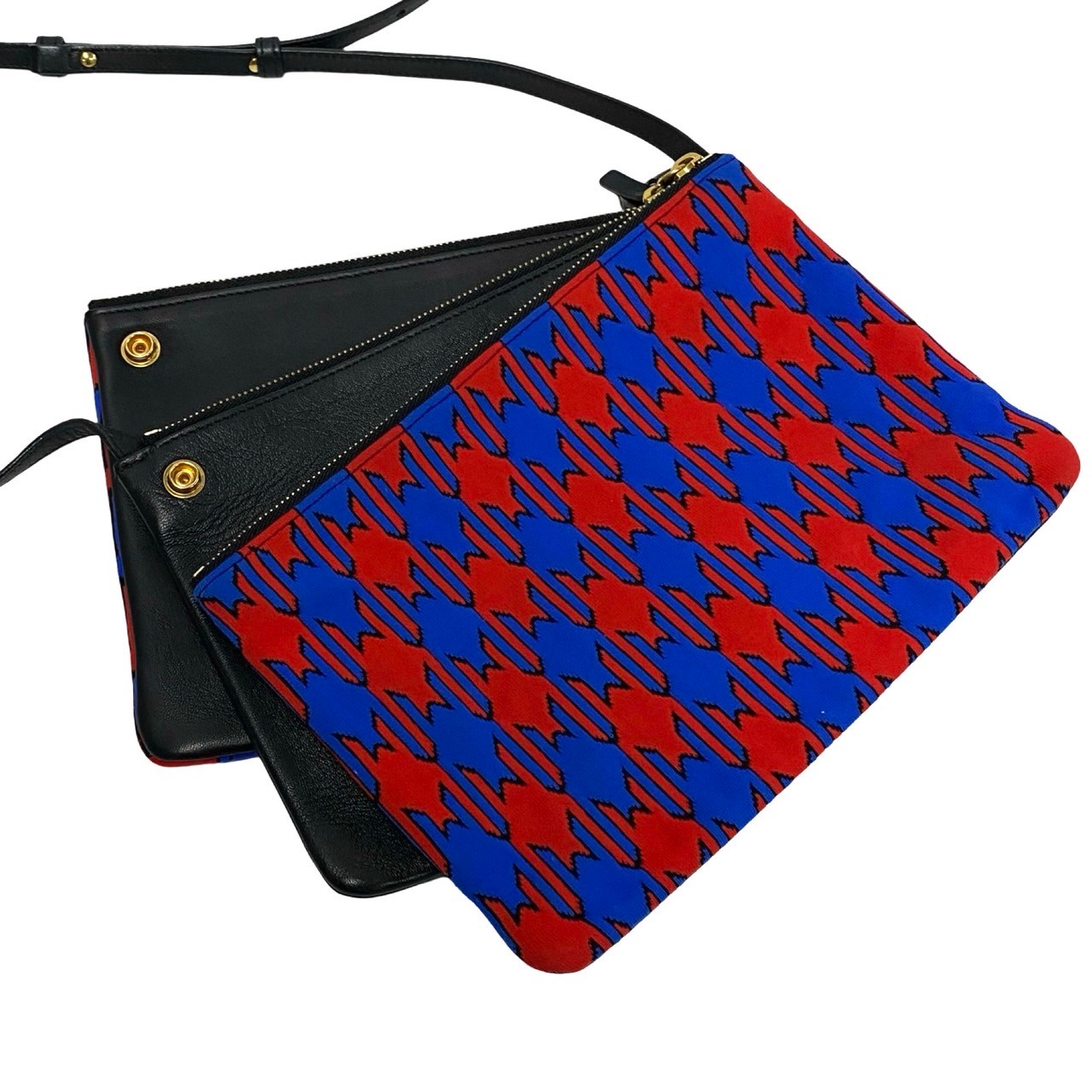 CELINE Shoulder Bag Leather, Cotton black Houndstooth pattern trio Women Used Authentic