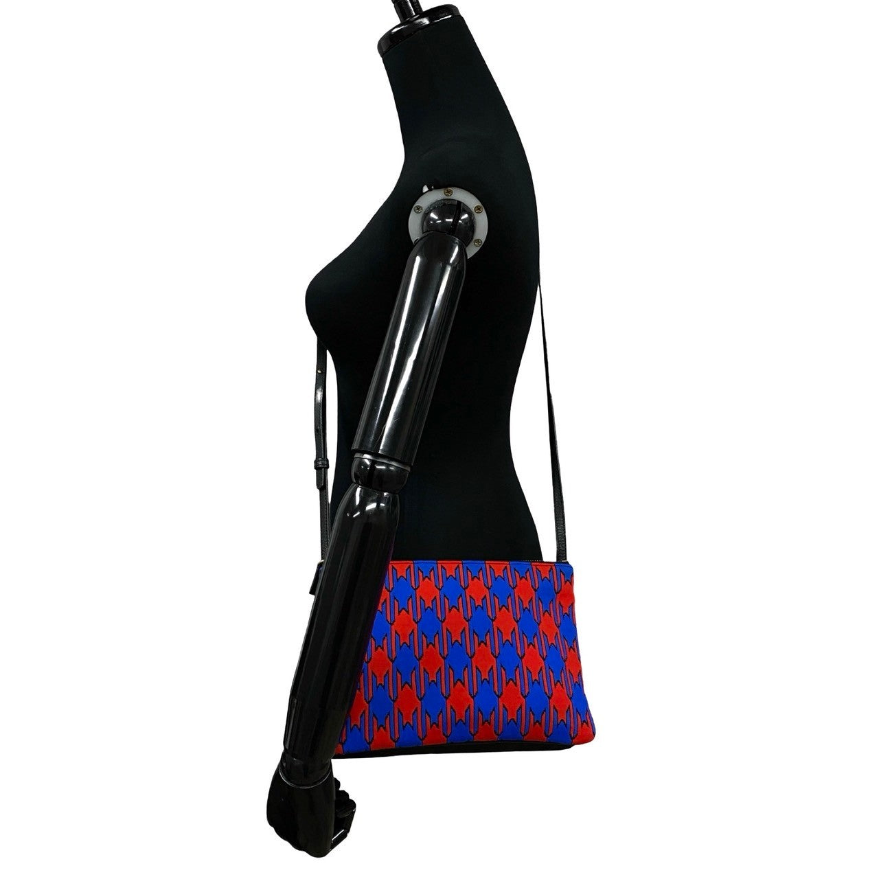 CELINE Shoulder Bag Leather, Cotton black Houndstooth pattern trio Women Used Authentic