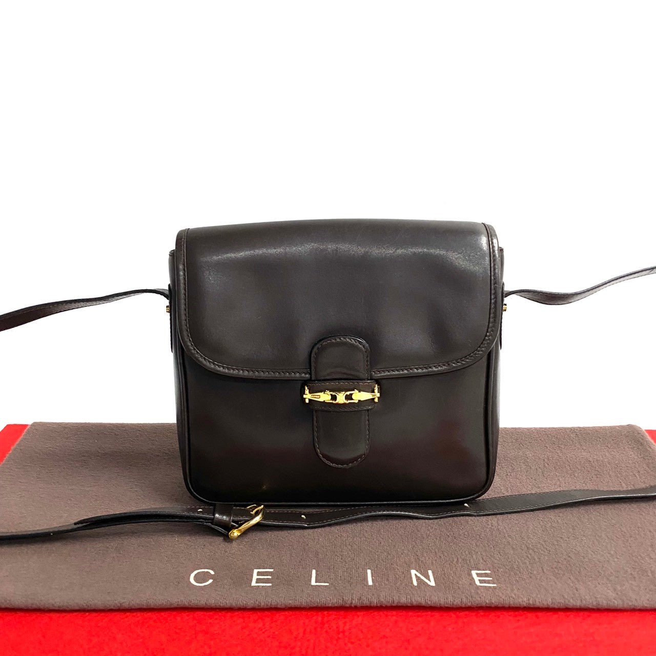 CELINE Shoulder Bag leather Brown Triomphe Metal Women Used Authentic