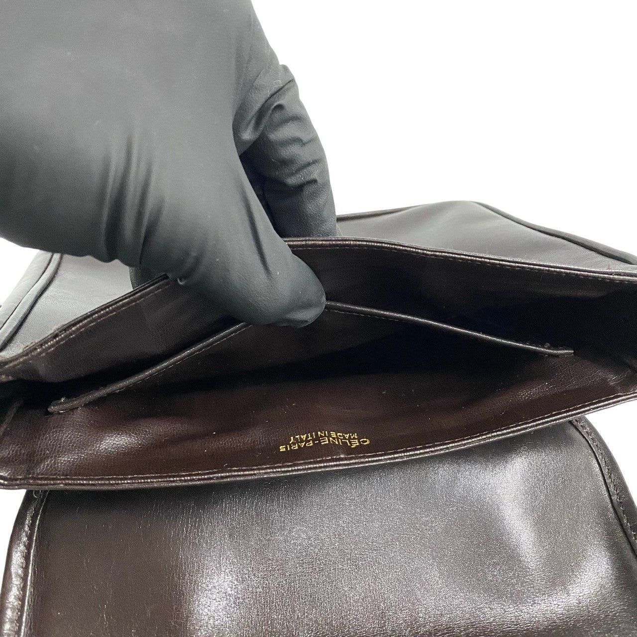 CELINE Shoulder Bag leather Brown Triomphe Metal Women Used Authentic