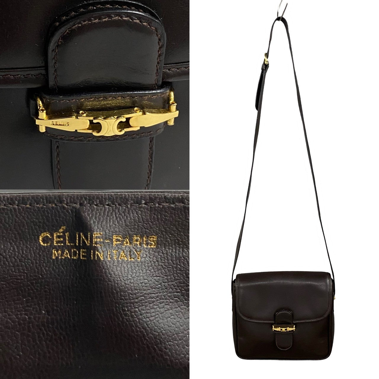 CELINE Shoulder Bag leather Brown Triomphe Metal Women Used Authentic