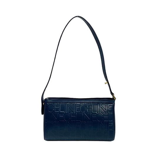 CELINE Shoulder Bag leather Navy Logo all-over pattern Women Used Authentic