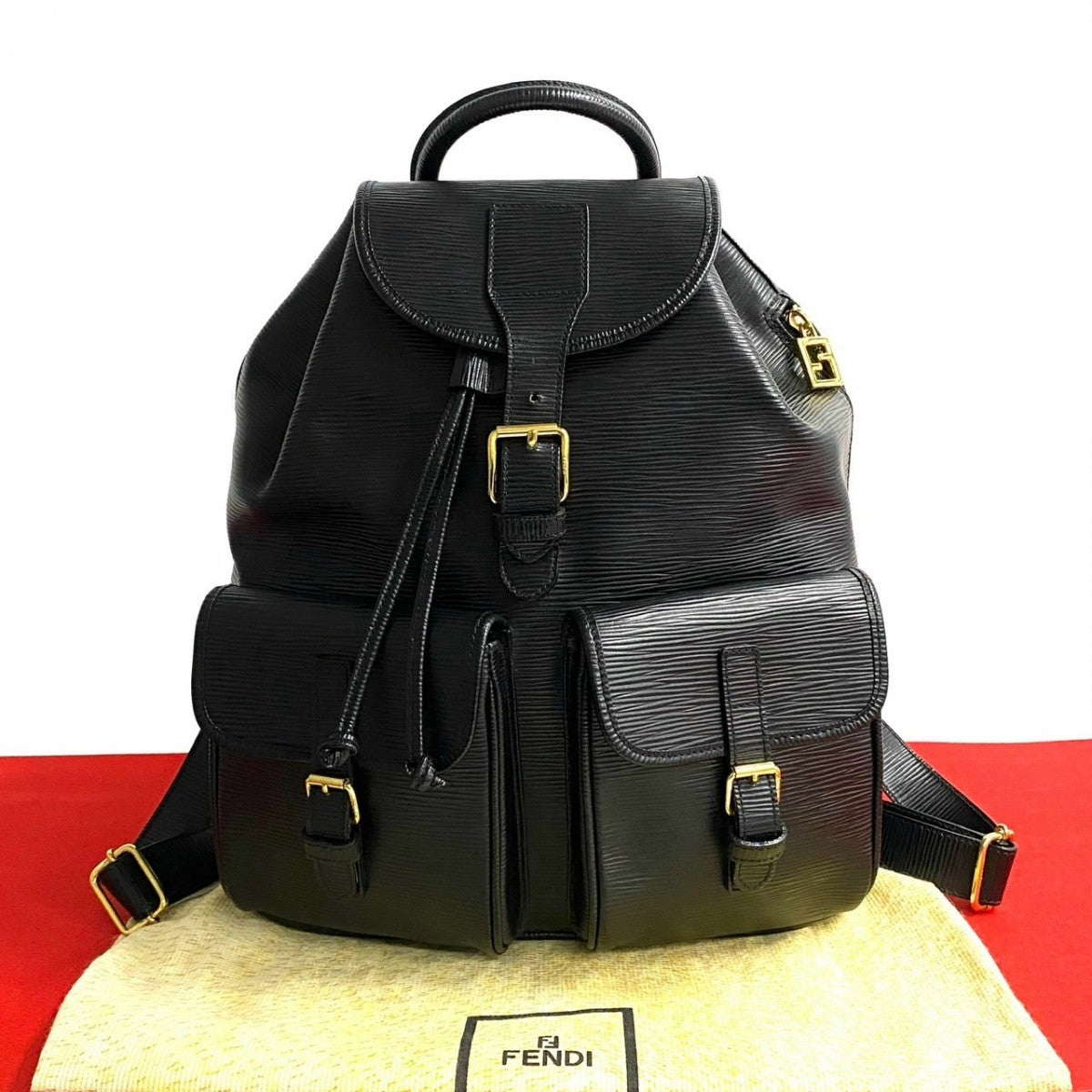 FENDI Backpack Epi Leather black FF logo Metal Women Used Authentic
