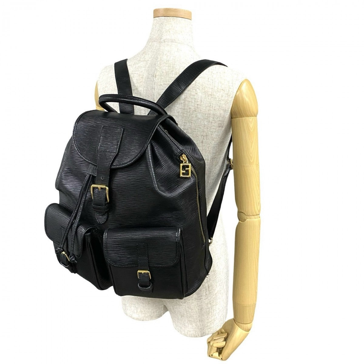FENDI Backpack Epi Leather black FF logo Metal Women Used Authentic