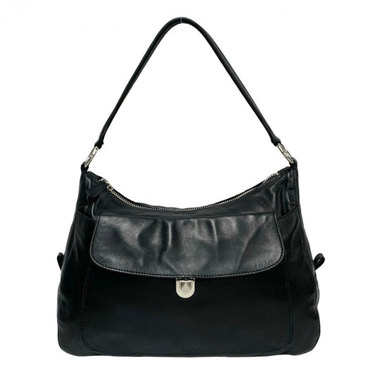 PRADA Shoulder Bag leather black Logo embossing Women Used Authentic