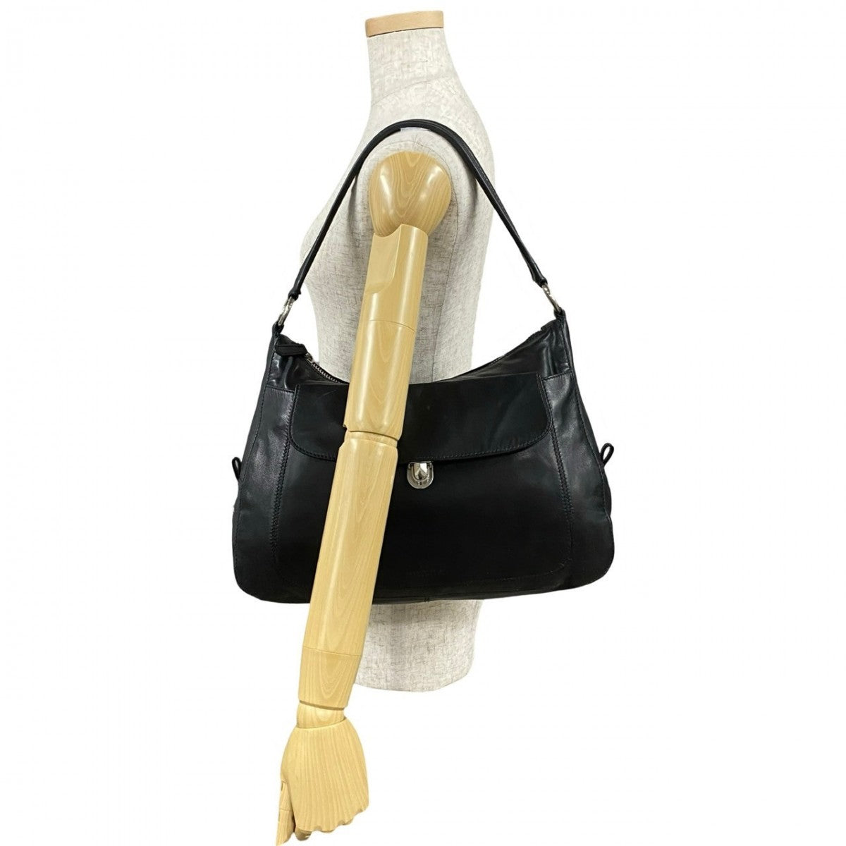 PRADA Shoulder Bag leather black Logo embossing Women Used Authentic