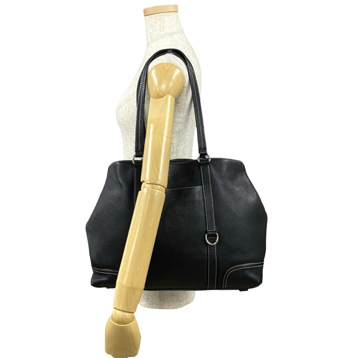 PRADA Tote Bag leather black Triangle Logo Plate Metal Women Used Authentic