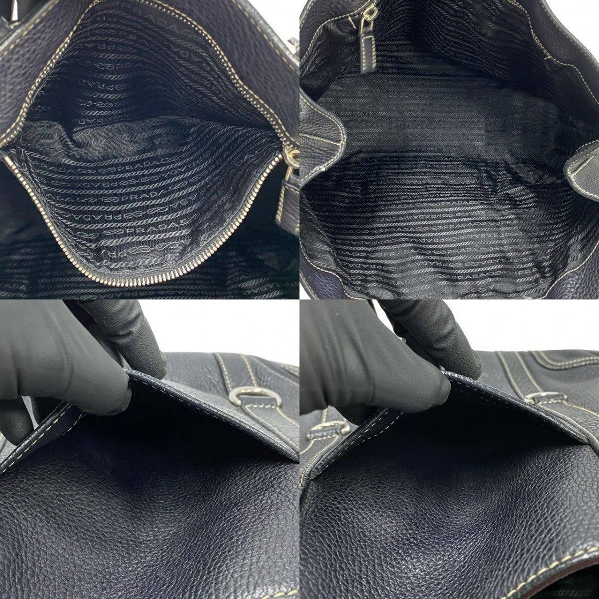 PRADA Tote Bag leather black Triangle Logo Plate Metal Women Used Authentic