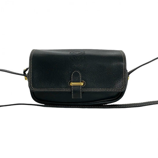 LOEWE Shoulder Bag leather black Anagram logo Women Used Authentic