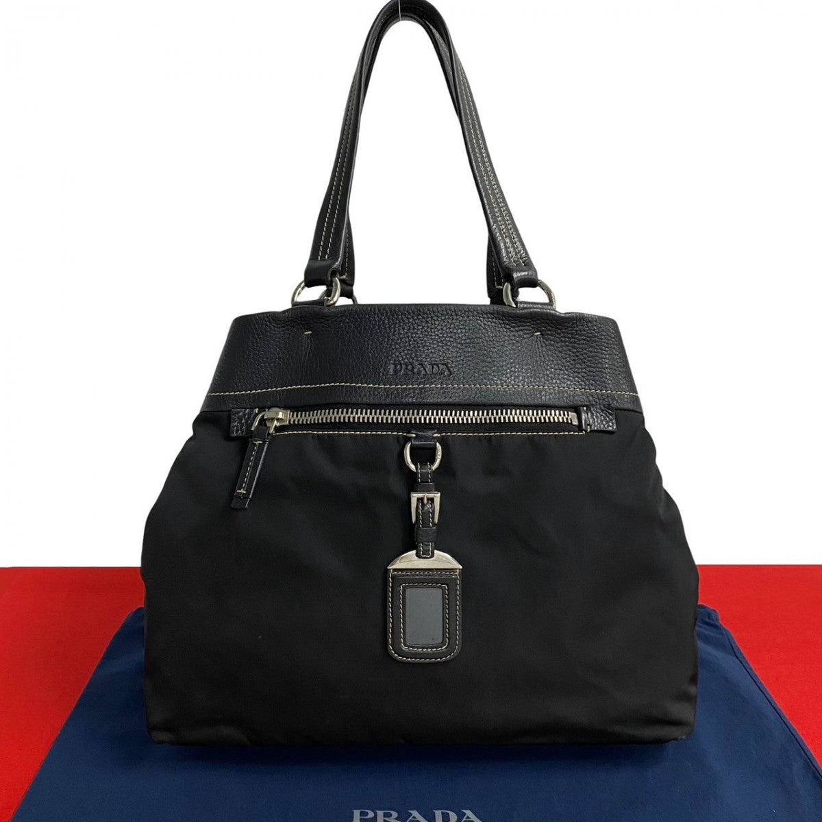 PRADA Tote Bag leather black PRADA logo Metal Women Used Authentic