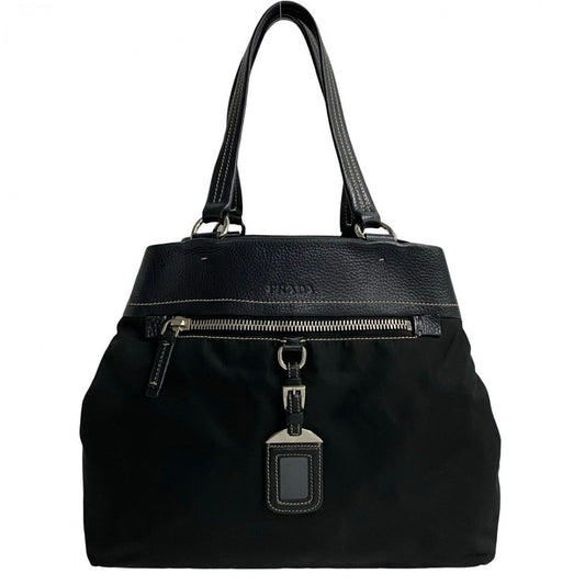 PRADA Tote Bag leather black PRADA logo Metal Women Used Authentic
