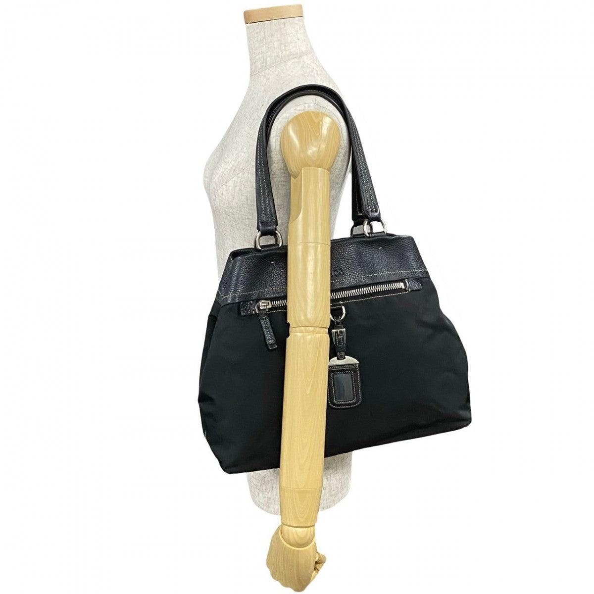 PRADA Tote Bag leather black PRADA logo Metal Women Used Authentic