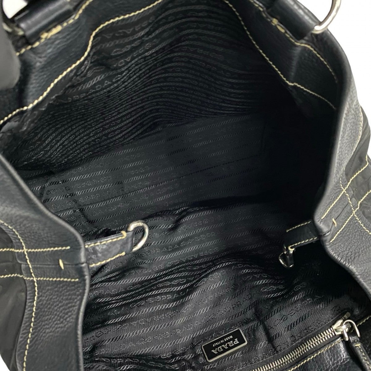 PRADA Tote Bag leather black PRADA logo Metal Women Used Authentic