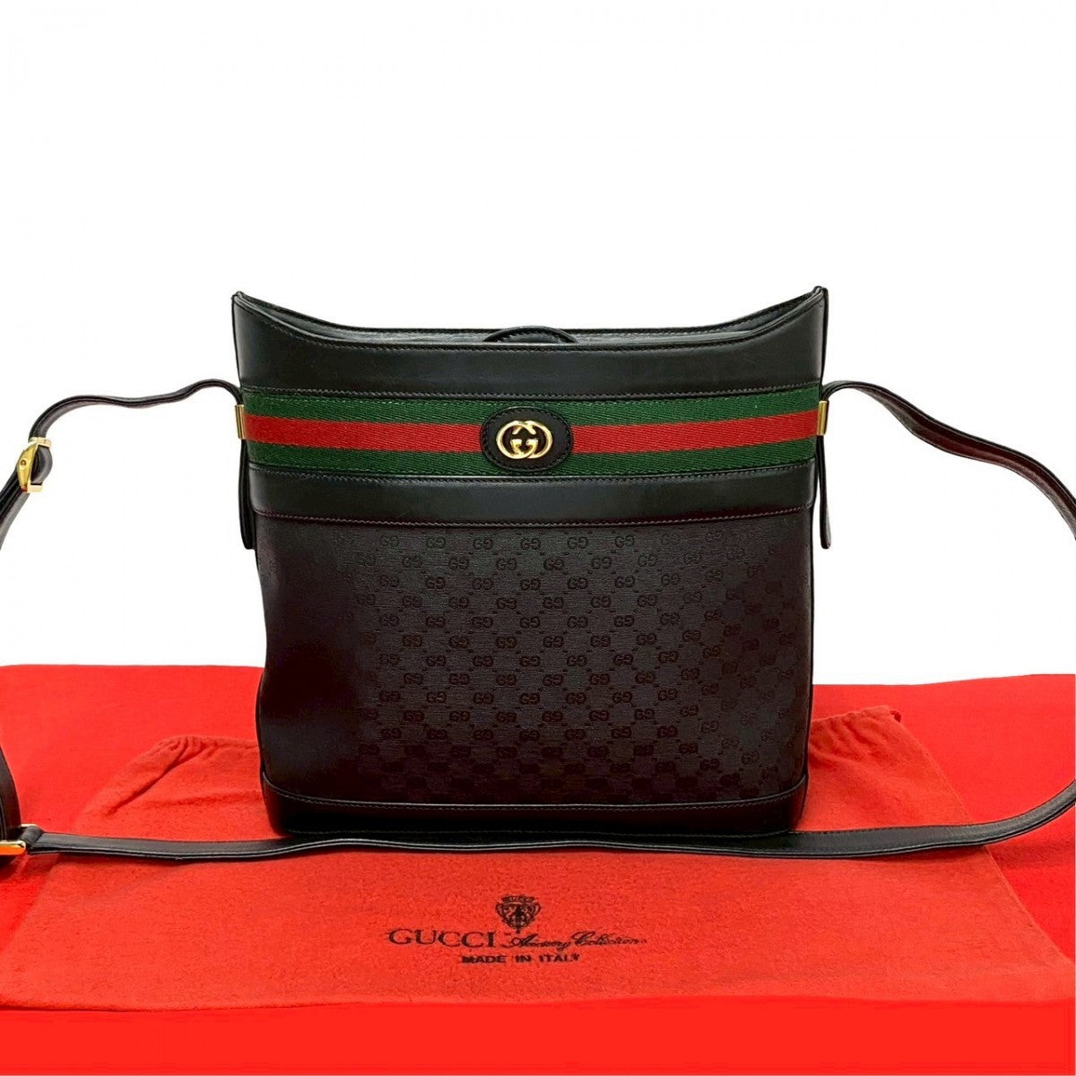 GUCCI Shoulder Bag Leather, PVC black Micro GG logo Pattern Sherry line Women Used Authentic