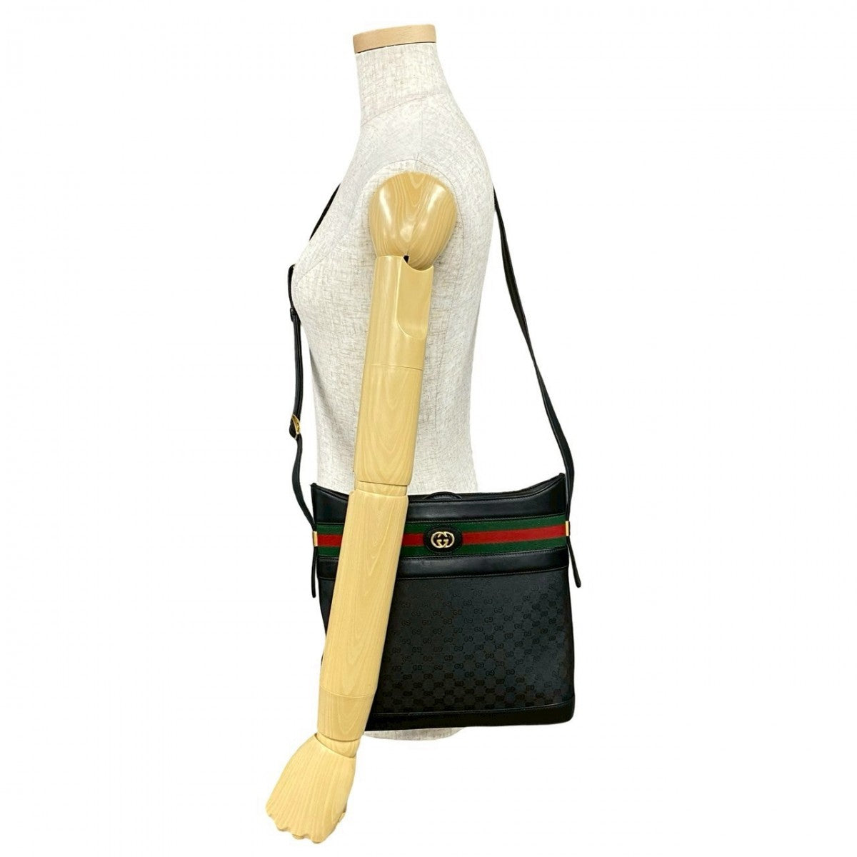 GUCCI Shoulder Bag Leather, PVC black Micro GG logo Pattern Sherry line Women Used Authentic
