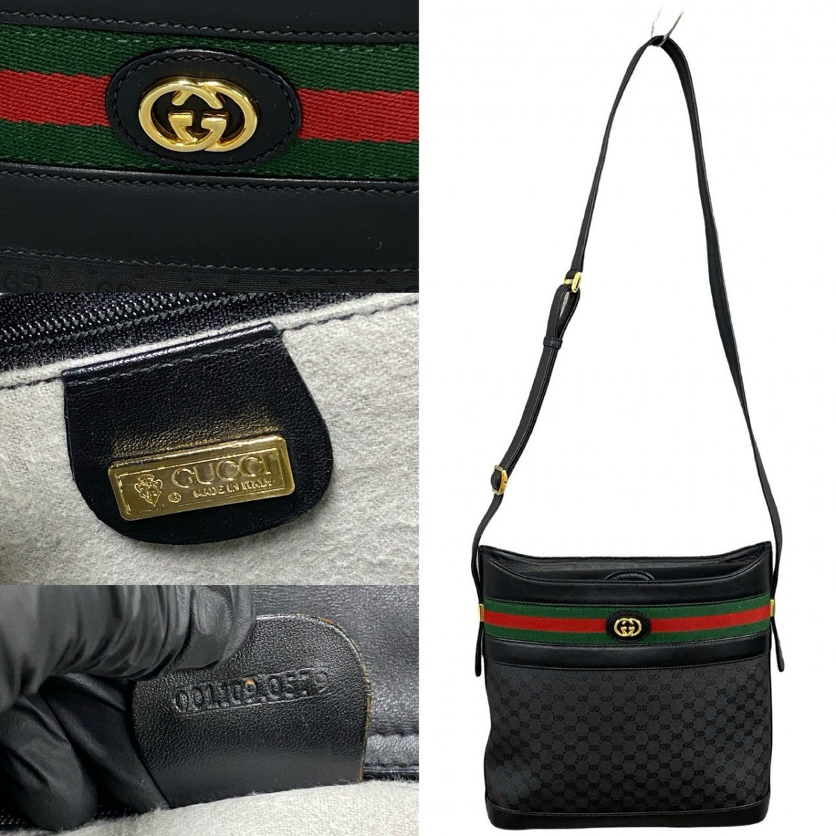 GUCCI Shoulder Bag Leather, PVC black Micro GG logo Pattern Sherry line Women Used Authentic