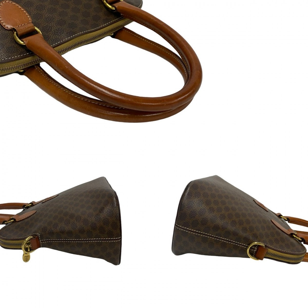 CELINE Handbag leather Brown Macadam Blason TriomphePattern Women Used Authentic