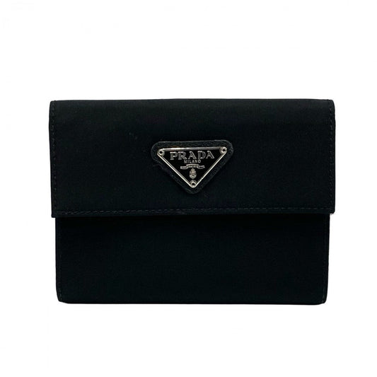 PRADA Bifold Wallet Leather, Nylon black Triangular logo Women Used Authentic