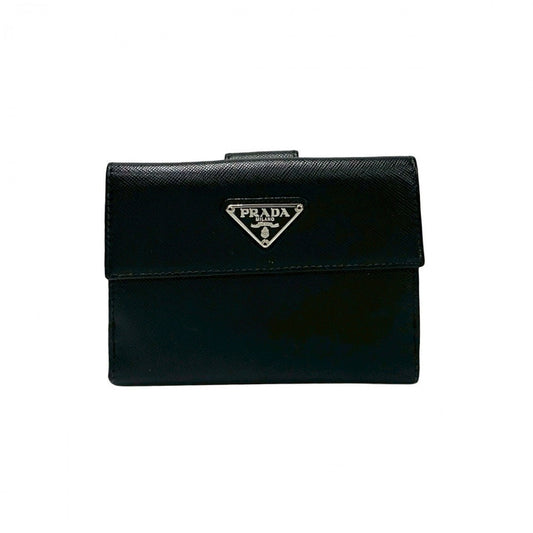 PRADA Bifold Wallet leather black Triangle Logo Plate Metal Women(Unisex) Used Authentic