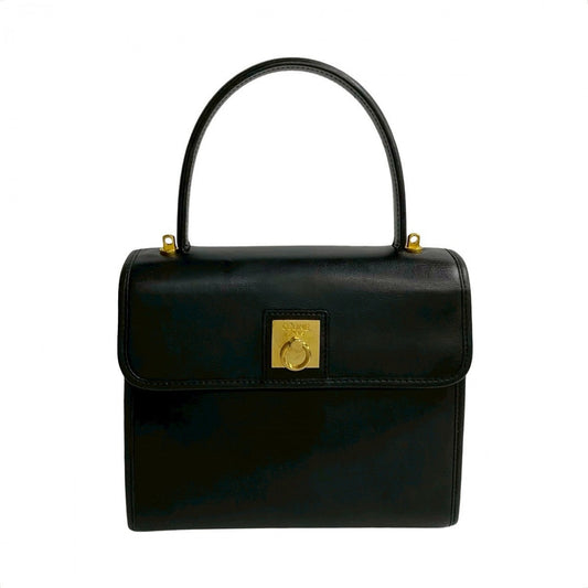 CELINE Handbag leather black Celine logo ring Metal Women Used Authentic