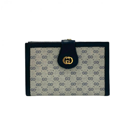 GUCCI Bifold Wallet Leather, PVC Navy Micro GG logo Women Used Authentic