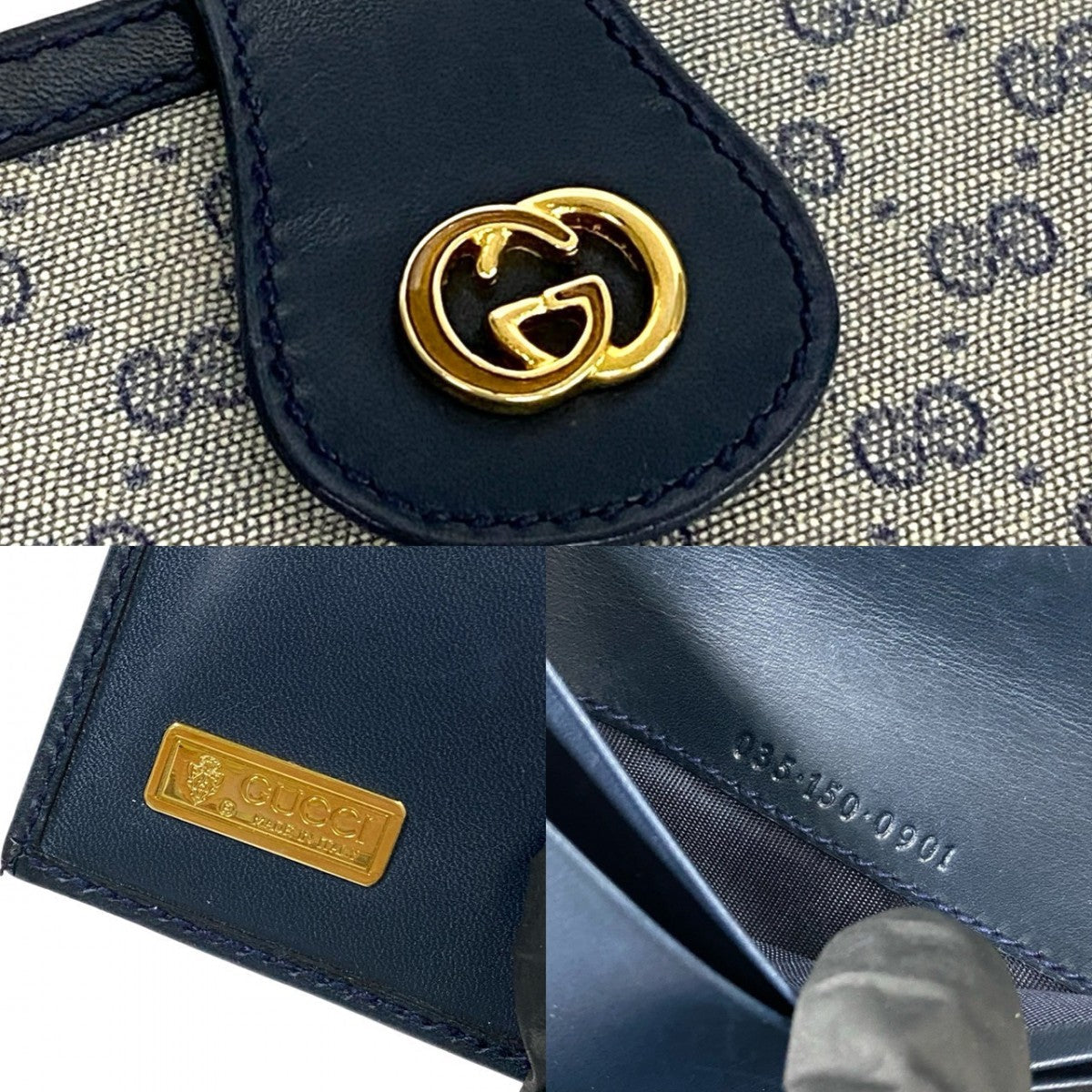 GUCCI Bifold Wallet Leather, PVC Navy Micro GG logo Women Used Authentic