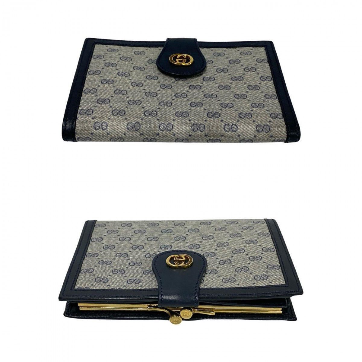 GUCCI Bifold Wallet Leather, PVC Navy Micro GG logo Women Used Authentic